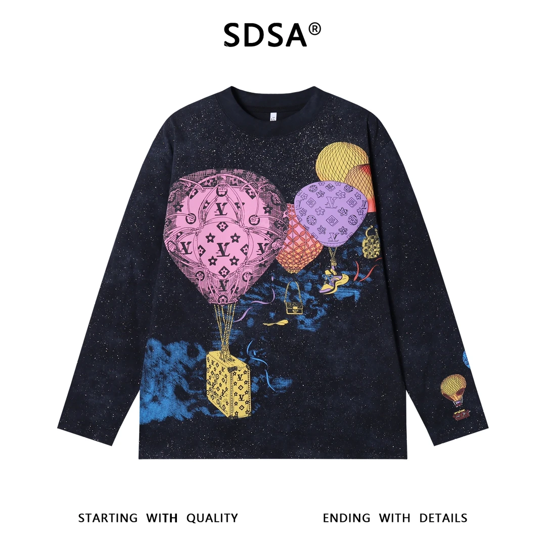 SDSA男士秋冬新款痞帅男装彩色热气球印花长袖T恤满天星百搭上衣