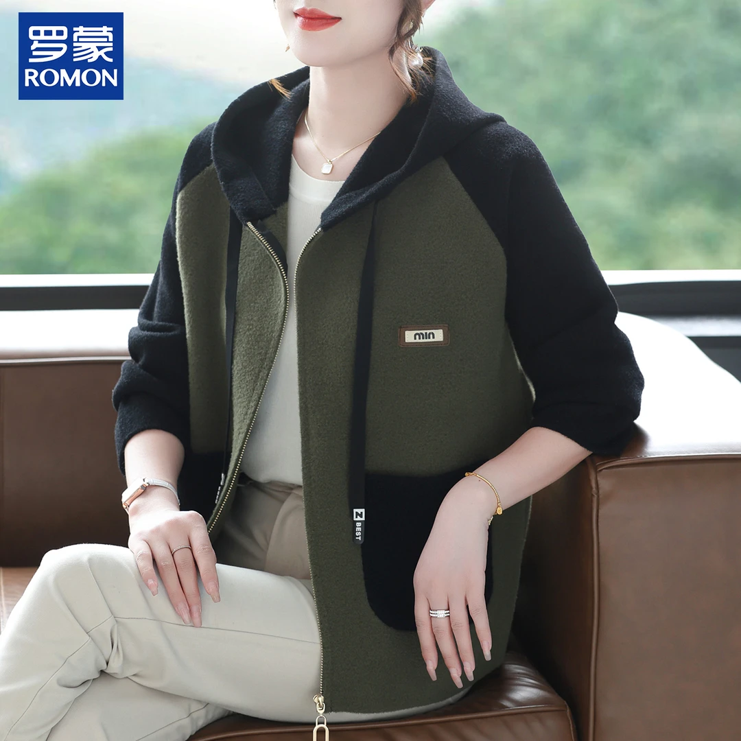 罗蒙品牌妈妈秋装拼色连帽上衣新款中老年女士时尚双面绒毛呢外套