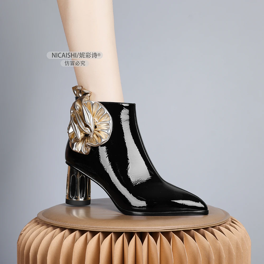 2024新款法式小短靴及踝靴英伦洋气气质粗跟加绒配裙子女靴0563