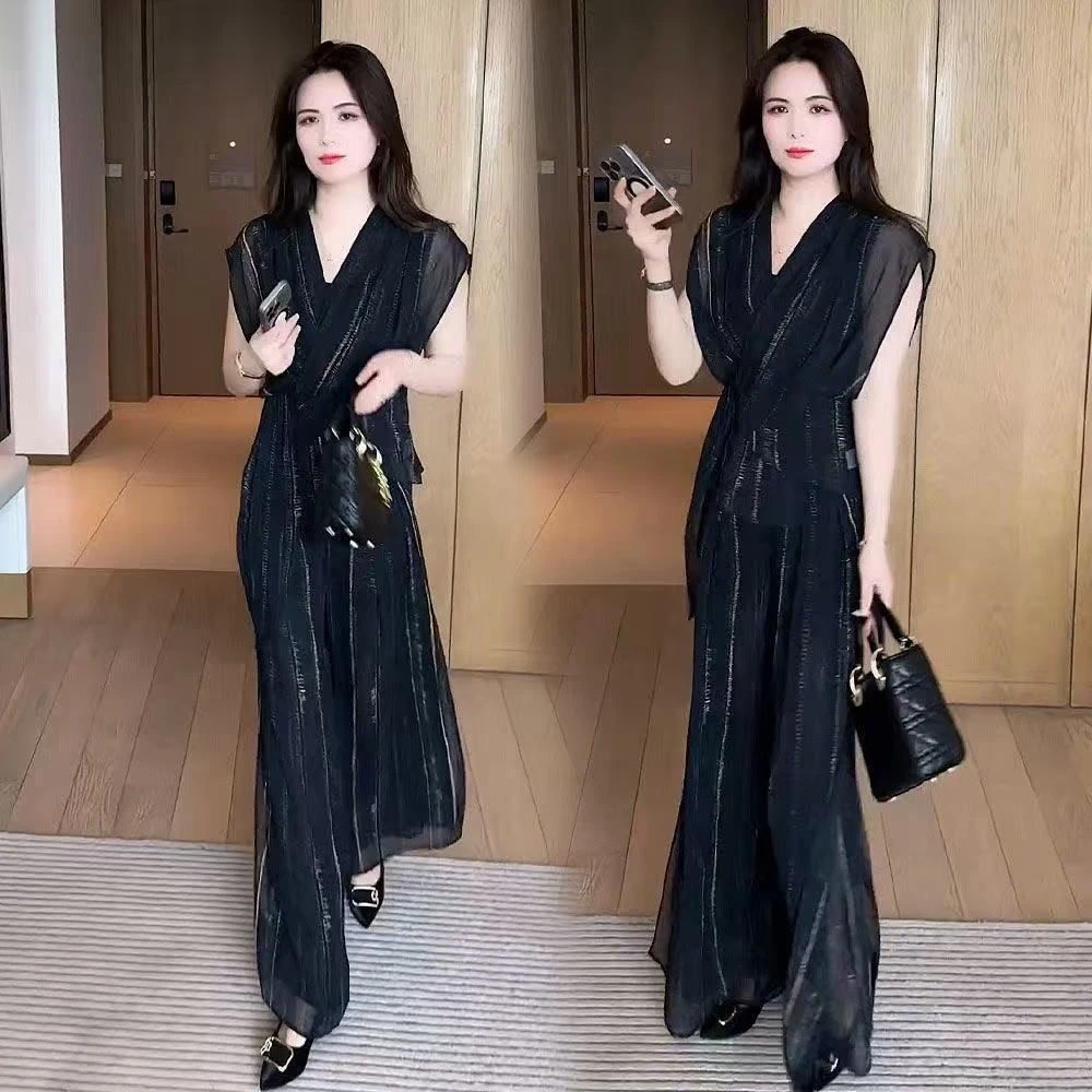 夏季新款短袖显瘦气质高腰垂感洋气套装女