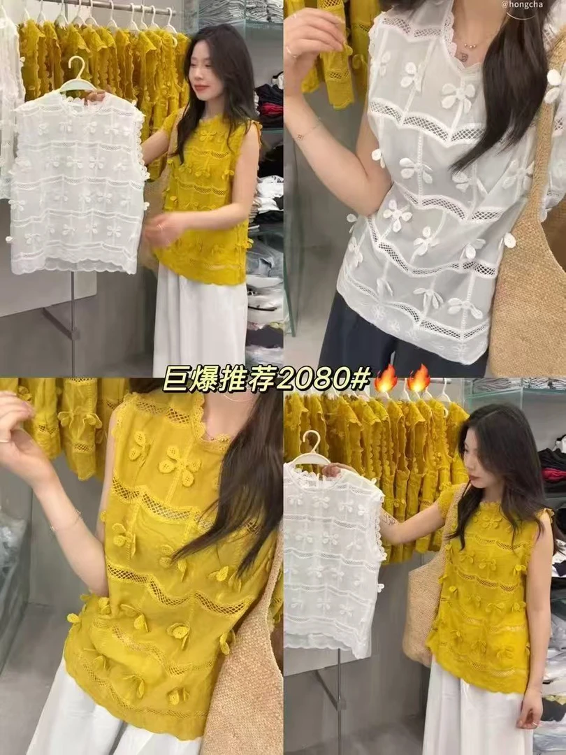 WTt-2077韩系高定镂空花朵无袖衬衫百搭时尚夏季气质