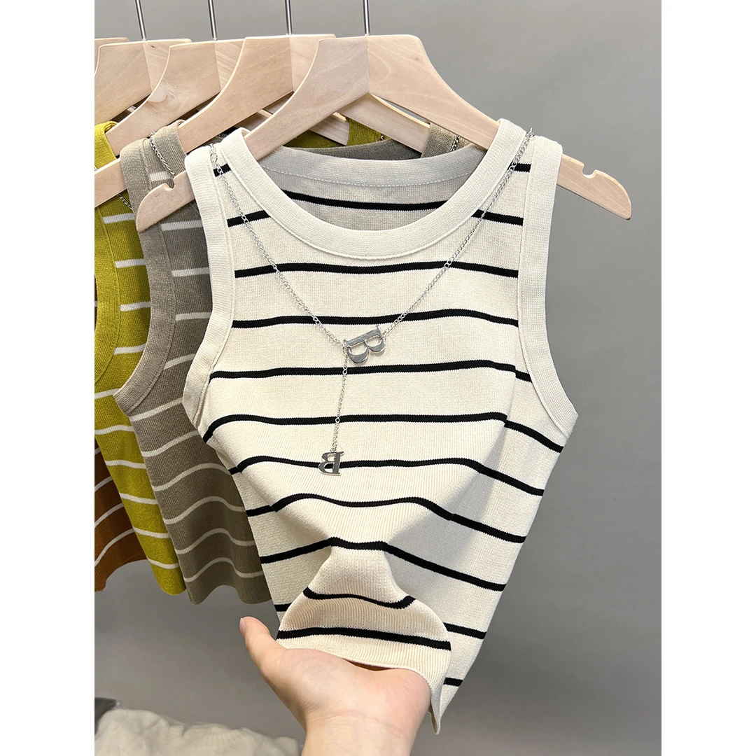 圆领条纹短款冰丝针织吊带背心女2025春夏秋新款美背潮
