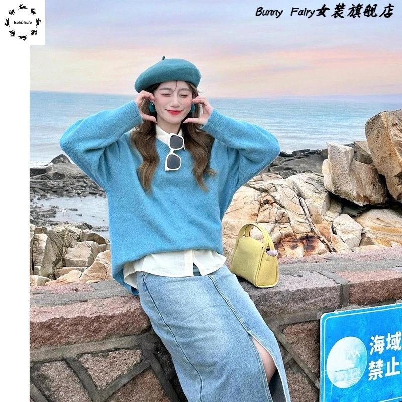 慵懒湖蓝潮软糯V领针织衫毛衣女2025新款韩系简约宽松长袖套头上