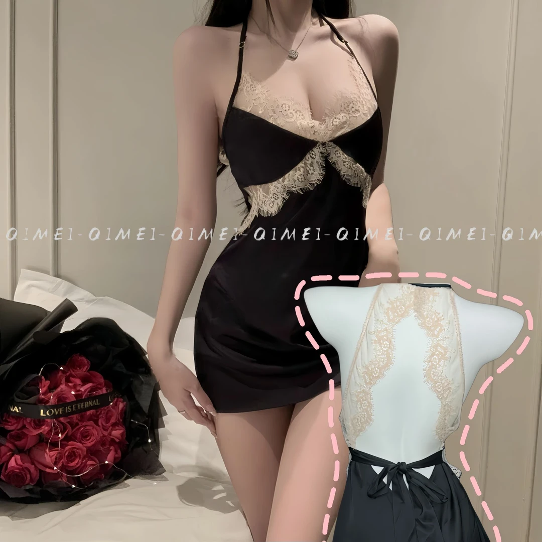 夜撩【俏魅】黑色蕾丝吊带战袍睡裙性感薄款冰丝新吊带蕾丝战袍睡裙