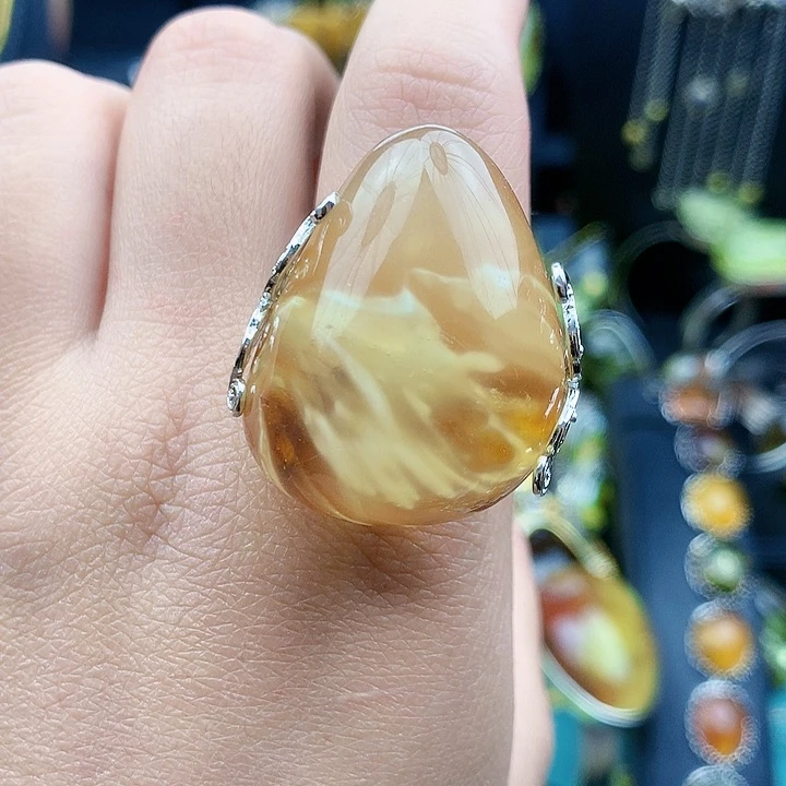 琥珀裸石银S925镶嵌戒指