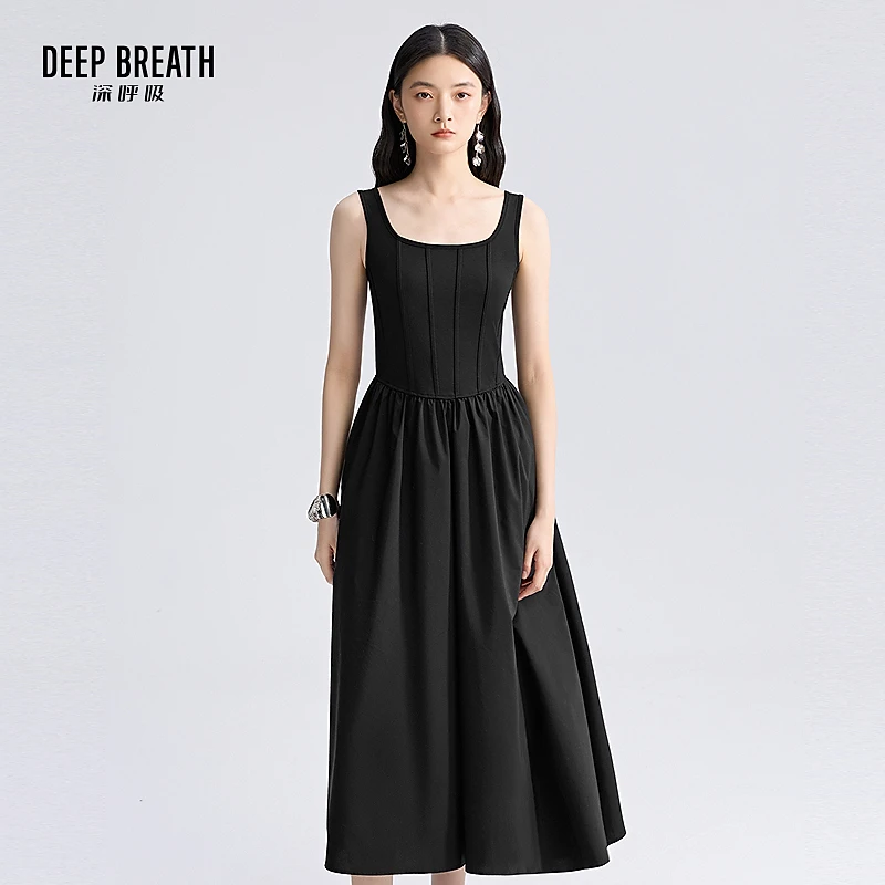DEEP BREATH深呼吸简约圆领背心梭织长裙吊带连衣裙小黑裙A500277