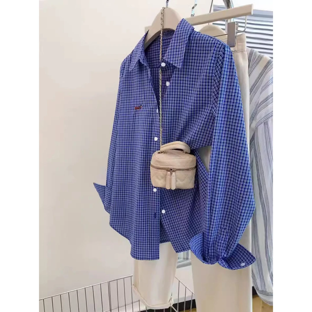 蓝色格子长袖衬衫外套女宽松小个子正肩衬衣2025秋季新款上衣