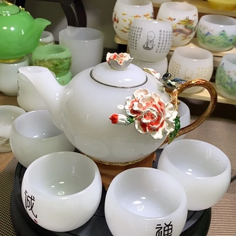 琉璃中式珐琅彩花开富贵一壶六杯礼盒套装