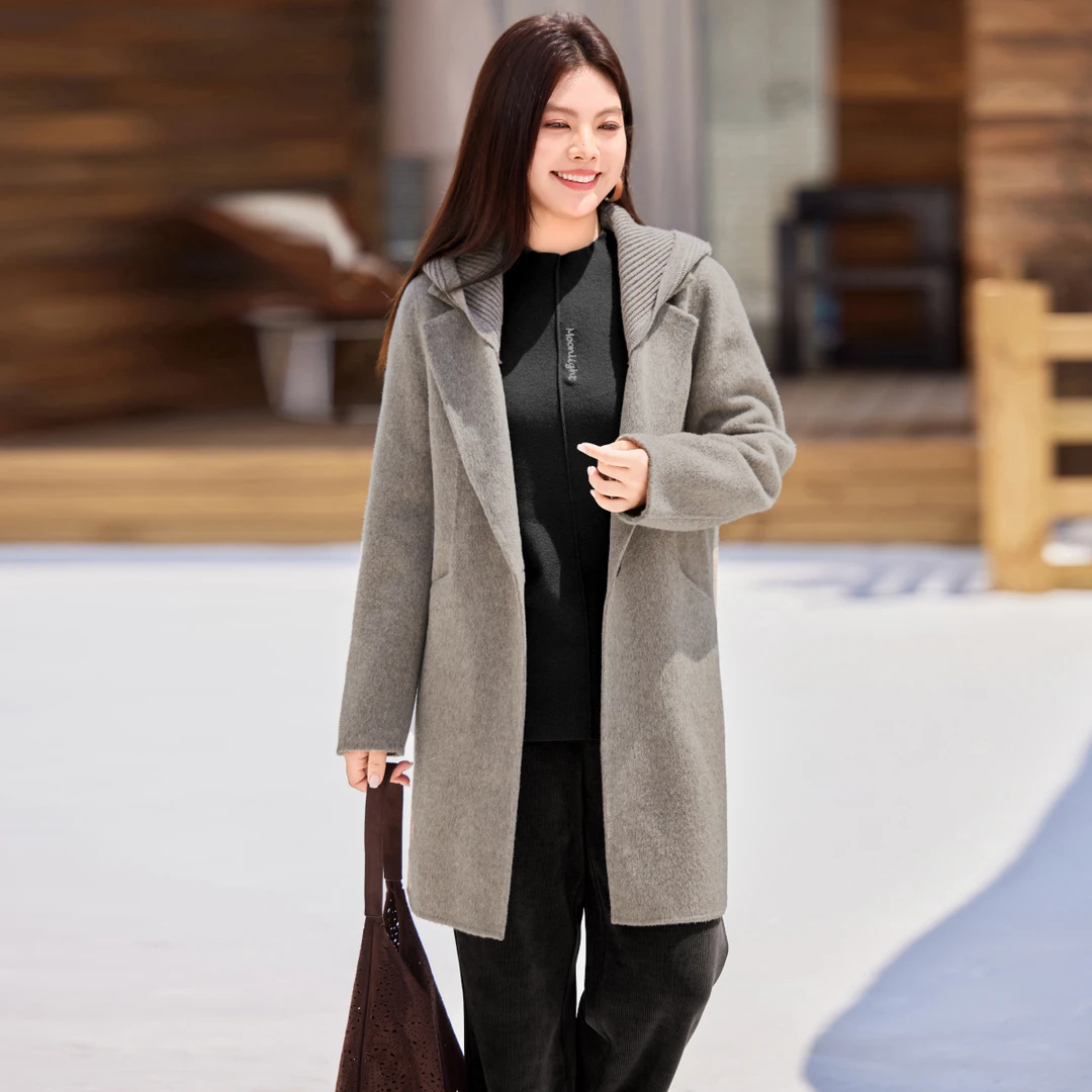 【帽子可拆卸】MsShe大码女装冬100%绵羊毛中长毛呢外套M2511021