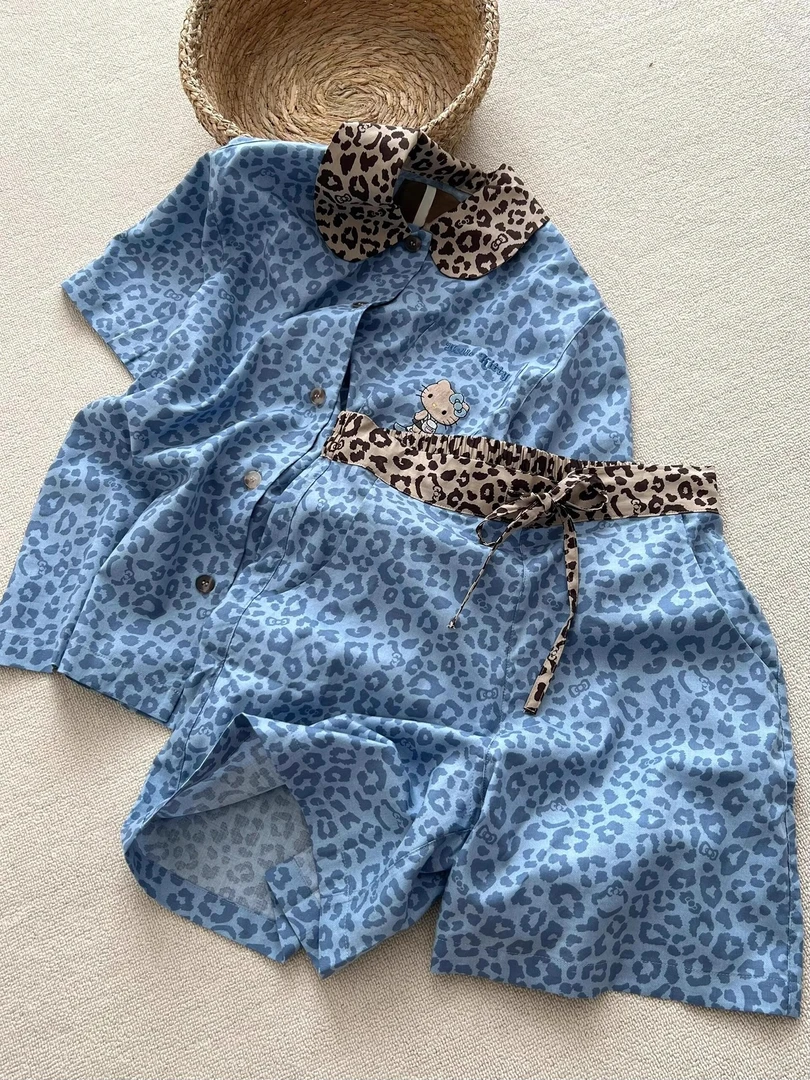 韩系复古蓝色豹纹Kitty短袖睡衣女夏季网红风冰丝家居服大码套装
