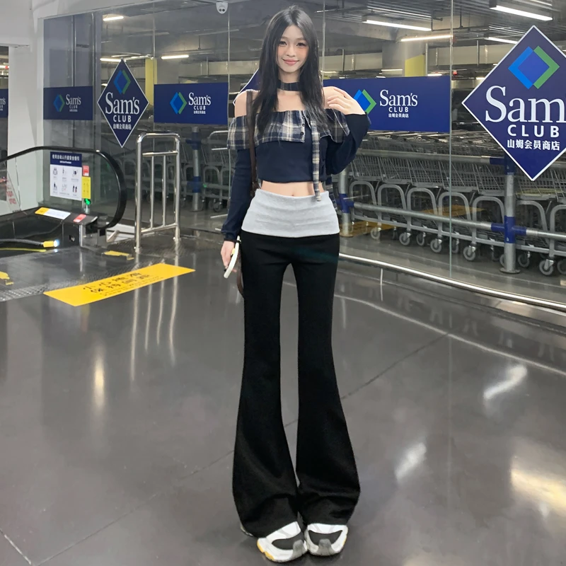 拼接撞色黑色微喇裤女高腰春秋设计感休闲百搭显瘦修身遛弯卫裤女