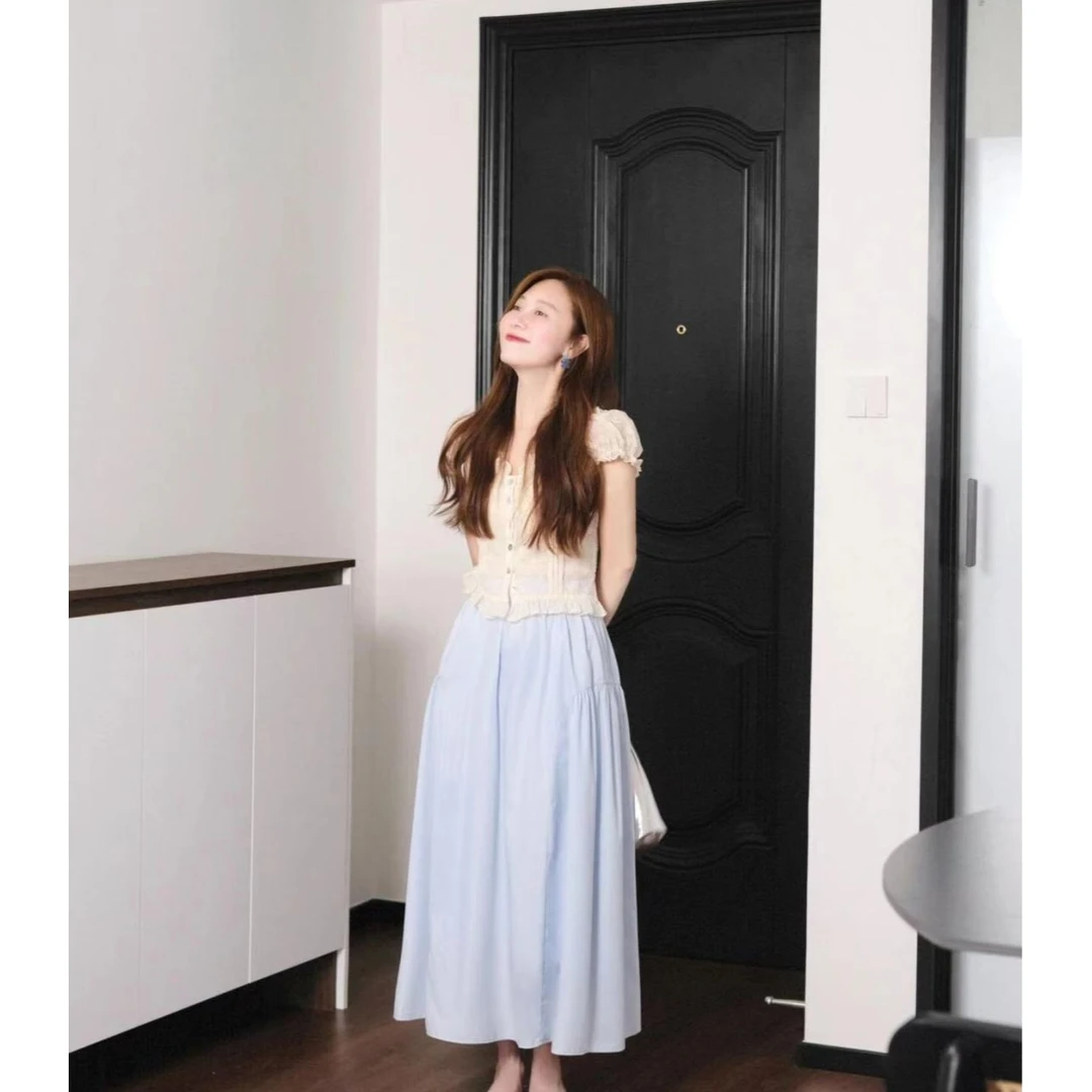 夏季新款女法式碎花泡泡袖雪纺衬衫气质短款上衣甜美短袖白色衬衣