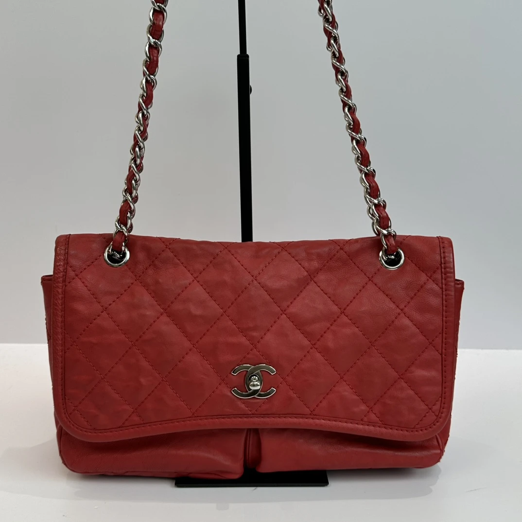 95新 Chanel/香奈儿 红色银扣双兜机场单肩斜挎包 12129