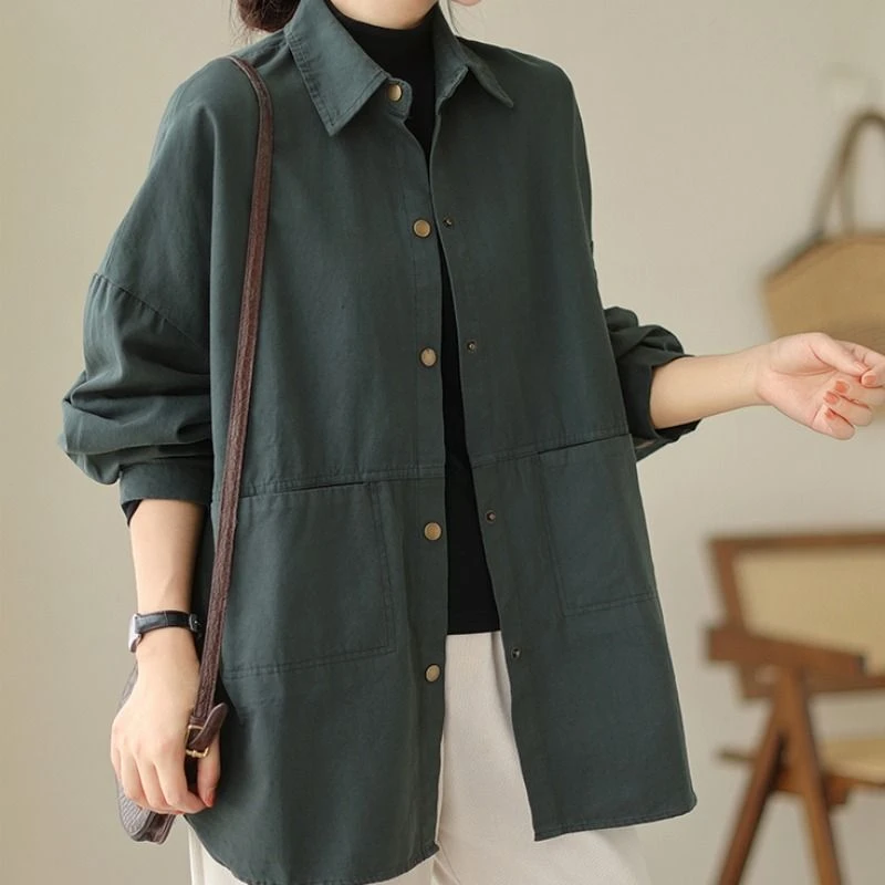 【当天发+运费险】纯色棉麻工装外套秋季中长款宽松显瘦开衫XU723