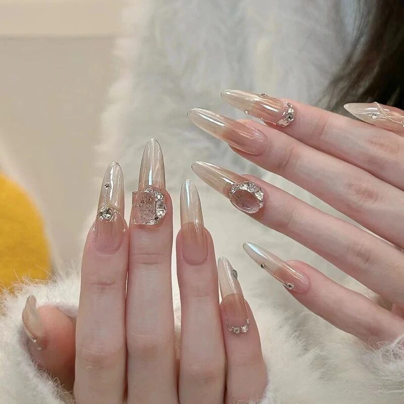 纯手工光疗穿戴甲扶摇腮棕人鱼姬极光粉立体冰透钻夏日爆闪穿戴