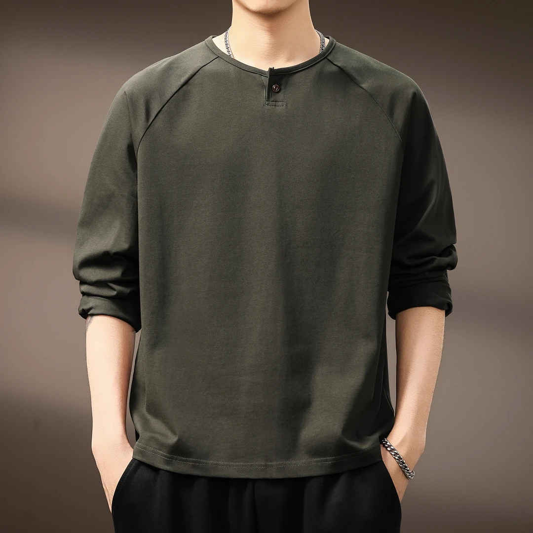 MR.MUDI/穆迪先生高端复古单扣亨利领长袖T恤男秋季宽松新款纯棉