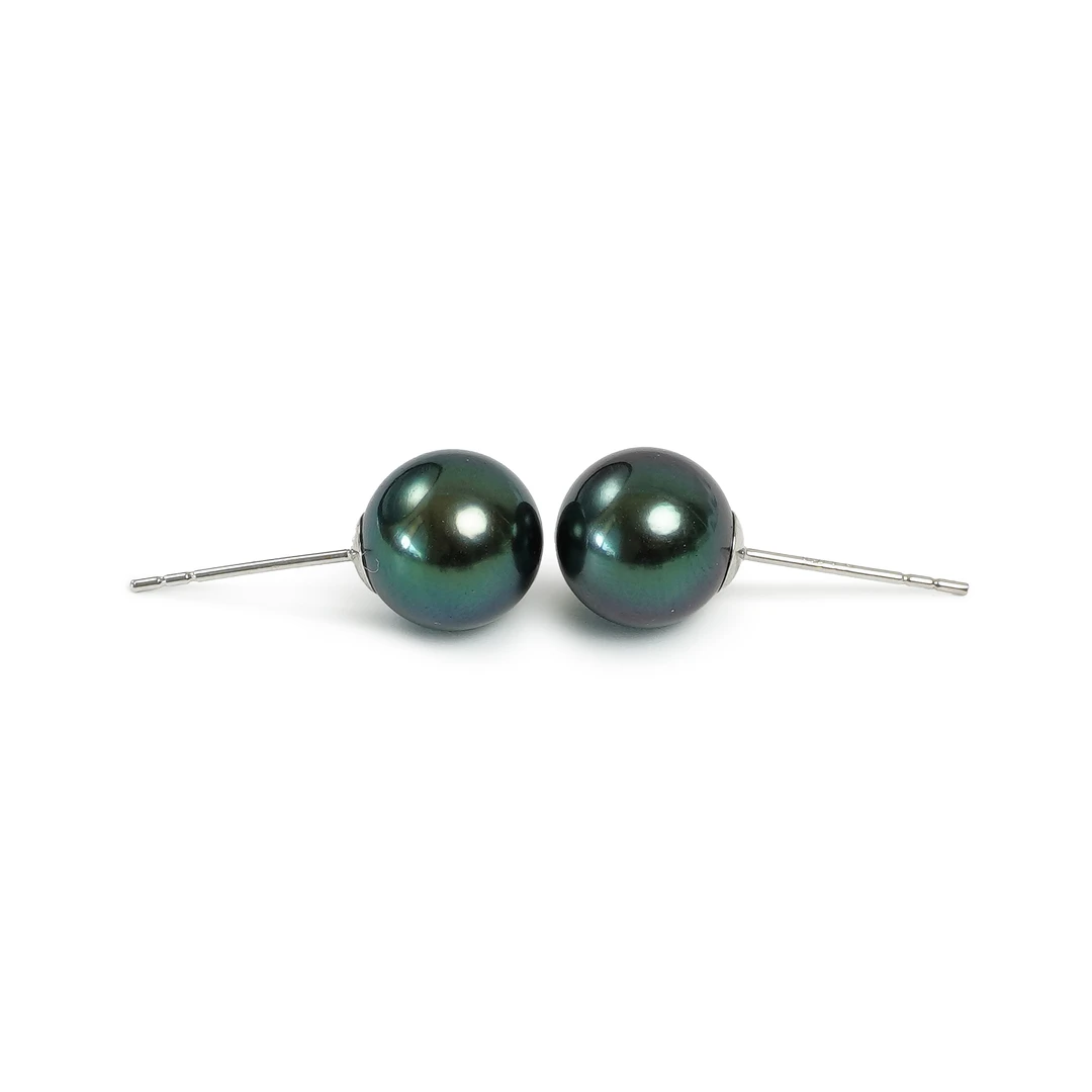 高品质极光孔雀绿耳钉海水大溪地珍珠18K金正圆极强光