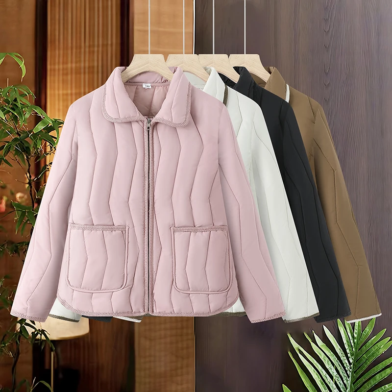 棉服女士长袖保暖秋冬短款翻领棉袄棉衣显瘦纯色女
