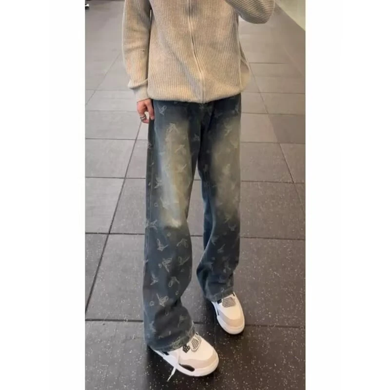 蝴蝶提花时尚牛仔裤男新款cleanfit裤子美式高街复古水洗直筒裤