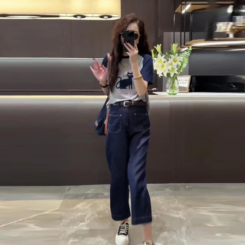 夏装搭配一整套女2025茶系穿搭减龄梨形身材短袖上衣牛仔裤两件套