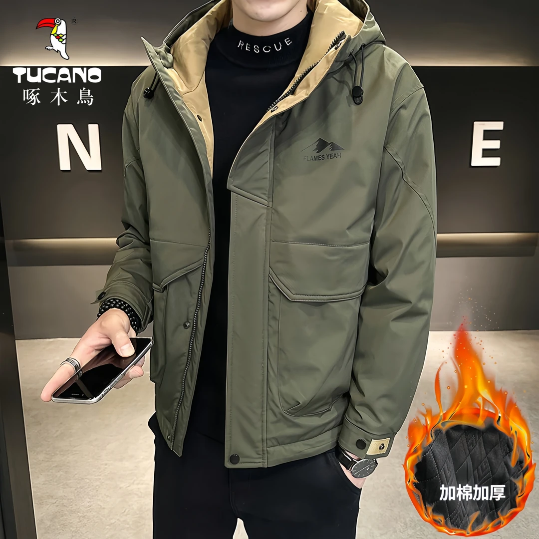 啄木鸟新款防风保暖冲锋衣男士冬季户外棉衣爆款连帽加棉夹克外套