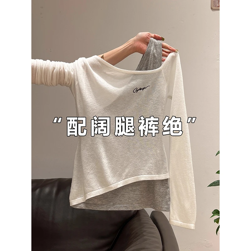 假两件刺绣斜肩针织长袖T恤女2025早秋新款修身打底衫露肩上衣