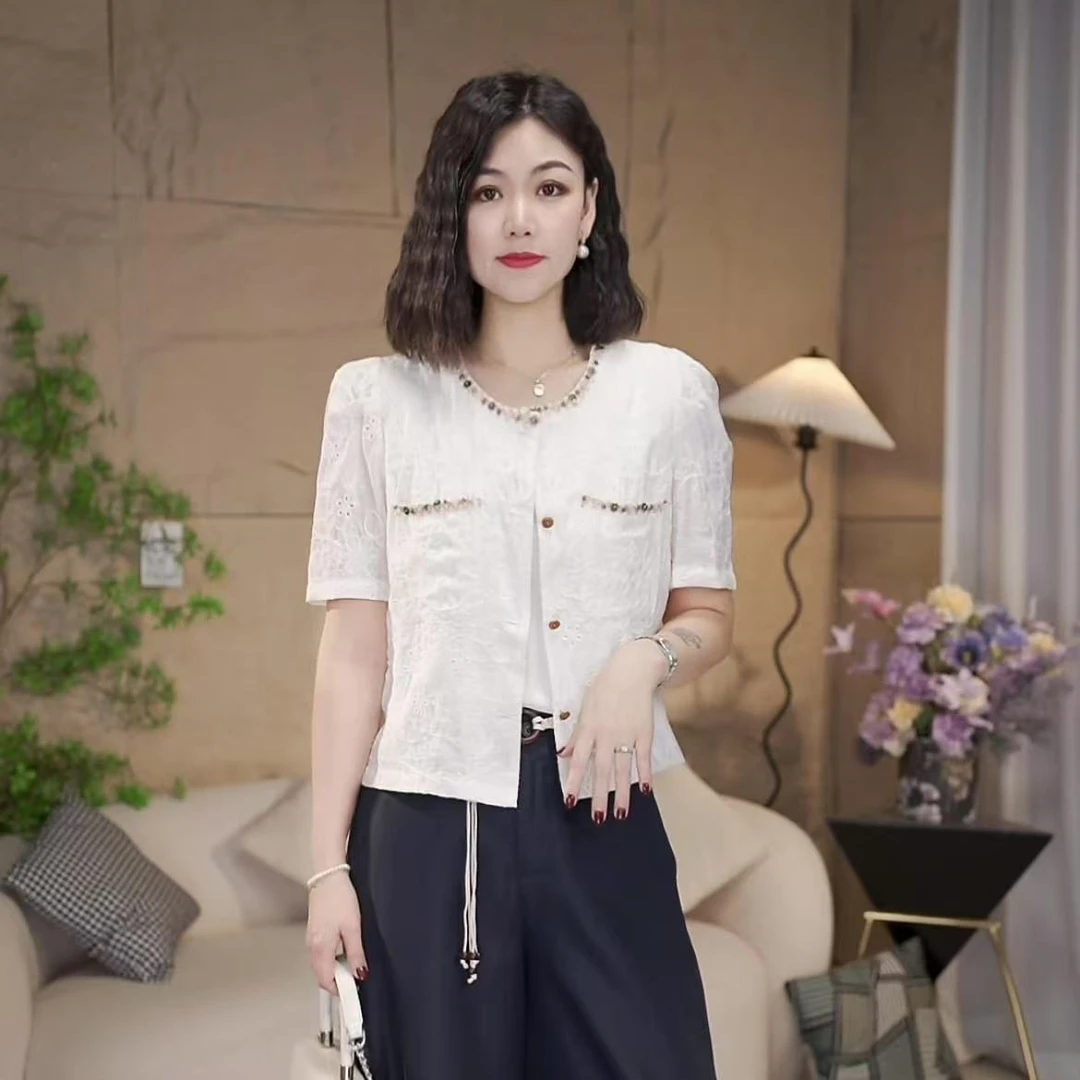 【依依推荐】892夏季新款圆领手工钉珠绣花双口袋短袖衬衫上衣