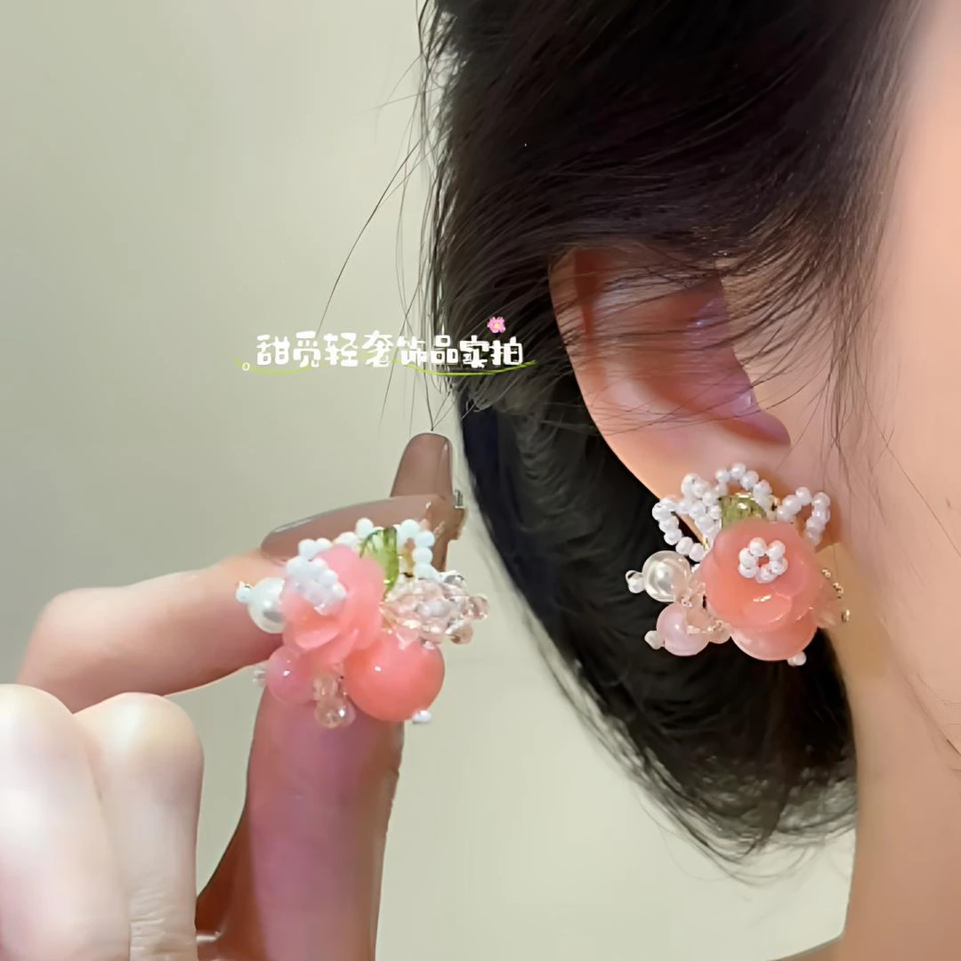铜合金仿水晶耳饰 一颗蜜桃~可爱甜美串珠耳钉少女百搭复古手工女