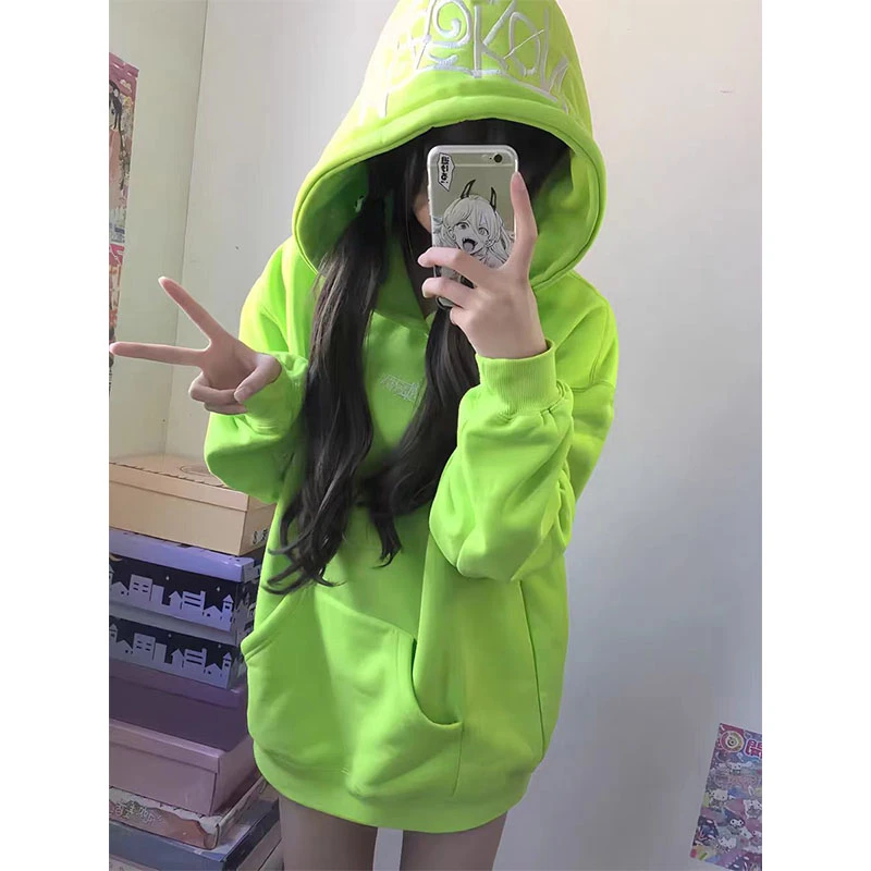 质感超绝美式字母刺绣连帽卫衣女秋冬季加绒加厚宽松长袖外套上衣