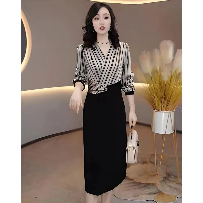 气质条纹假两件连衣裙女2025夏季收腰显瘦高端欧货设计感裙子