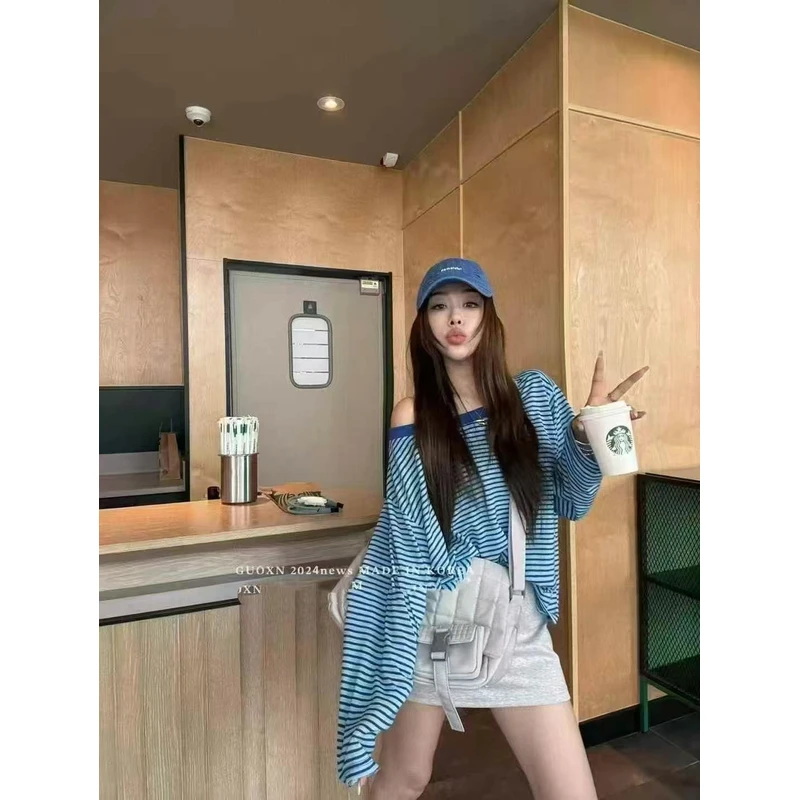 悠悠 新款韩系风宽松休闲漏肩条纹防晒长袖T恤牛仔破洞短裤