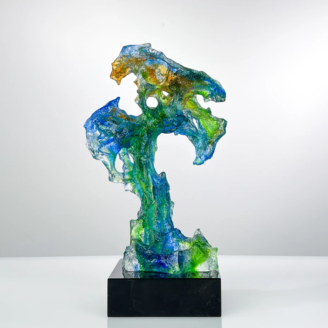 巴比特美学【中号太湖石蓝绿琥】新中式送礼纯手工水晶琉璃艺术摆件