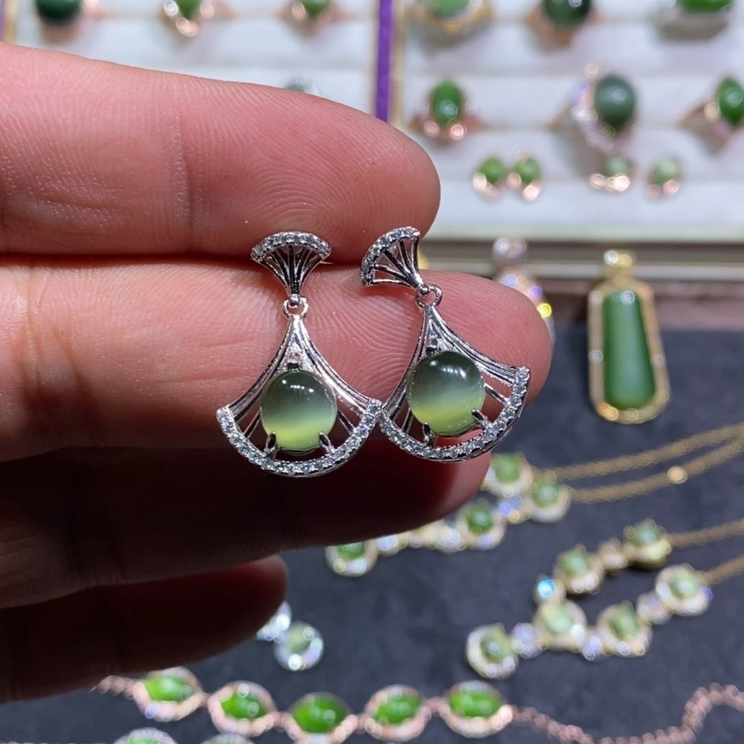 和田玉耳饰银S925镶嵌