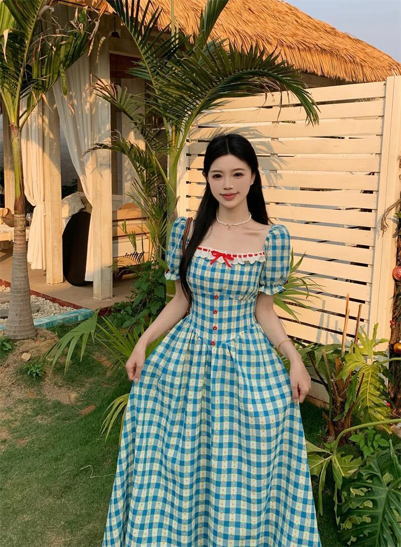 YH-66902大码女装胖mm夏新款田园风格纹收腰连衣裙小清新中长裙