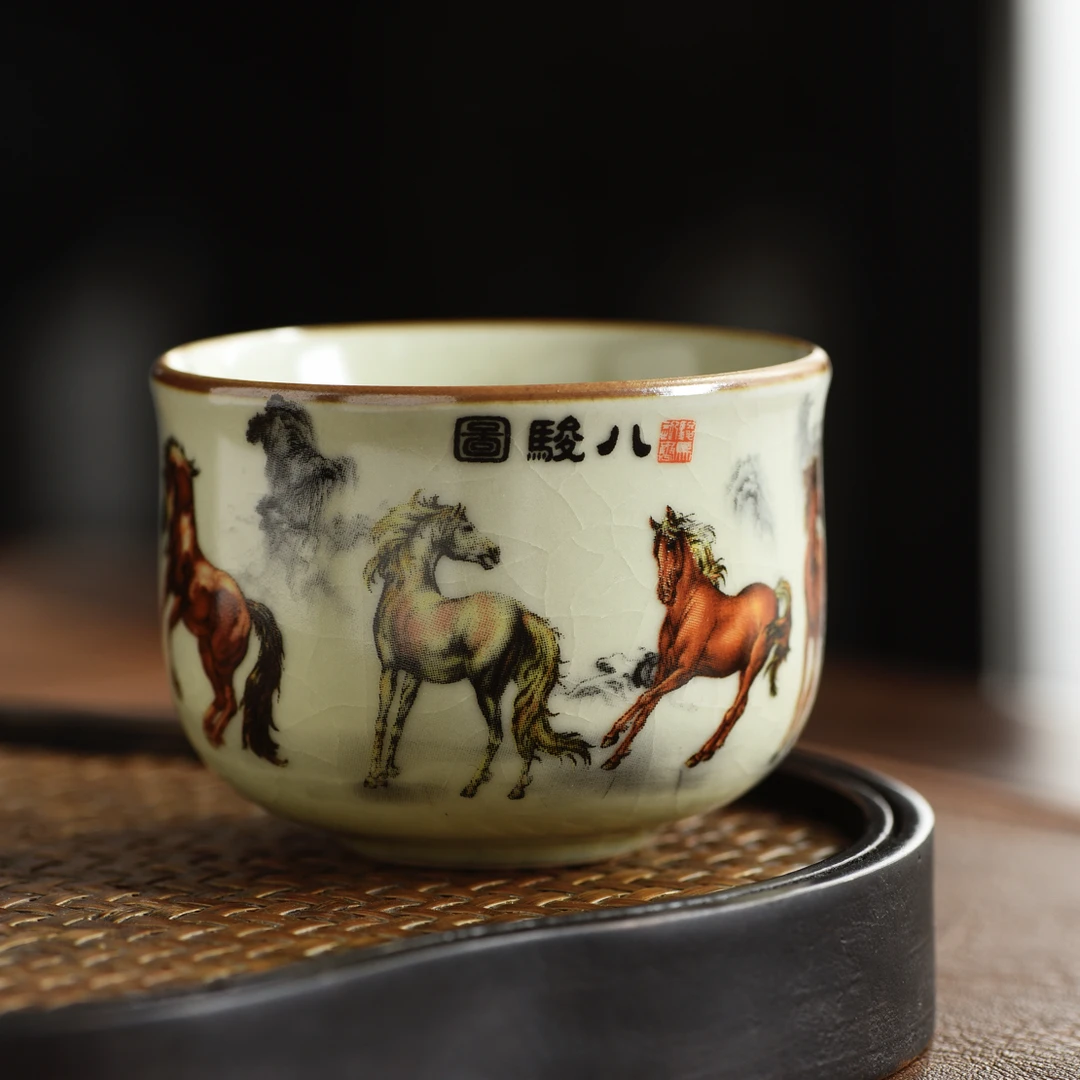 岑汝束腰杯八骏图开片可养80毫升