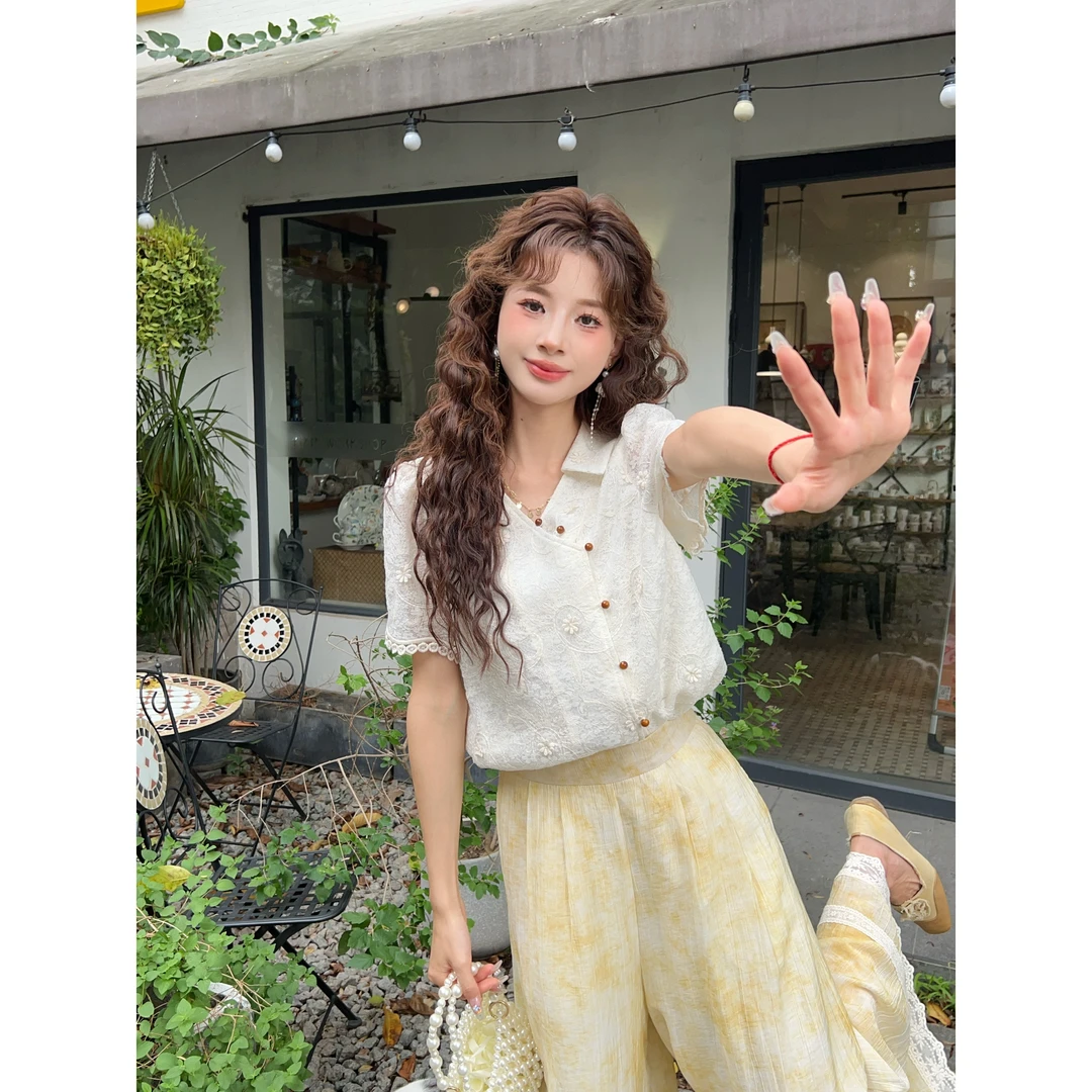 温舒敏【屿风之诗】复古港风短袖衬衫女宽松百搭上衣MJ1688299