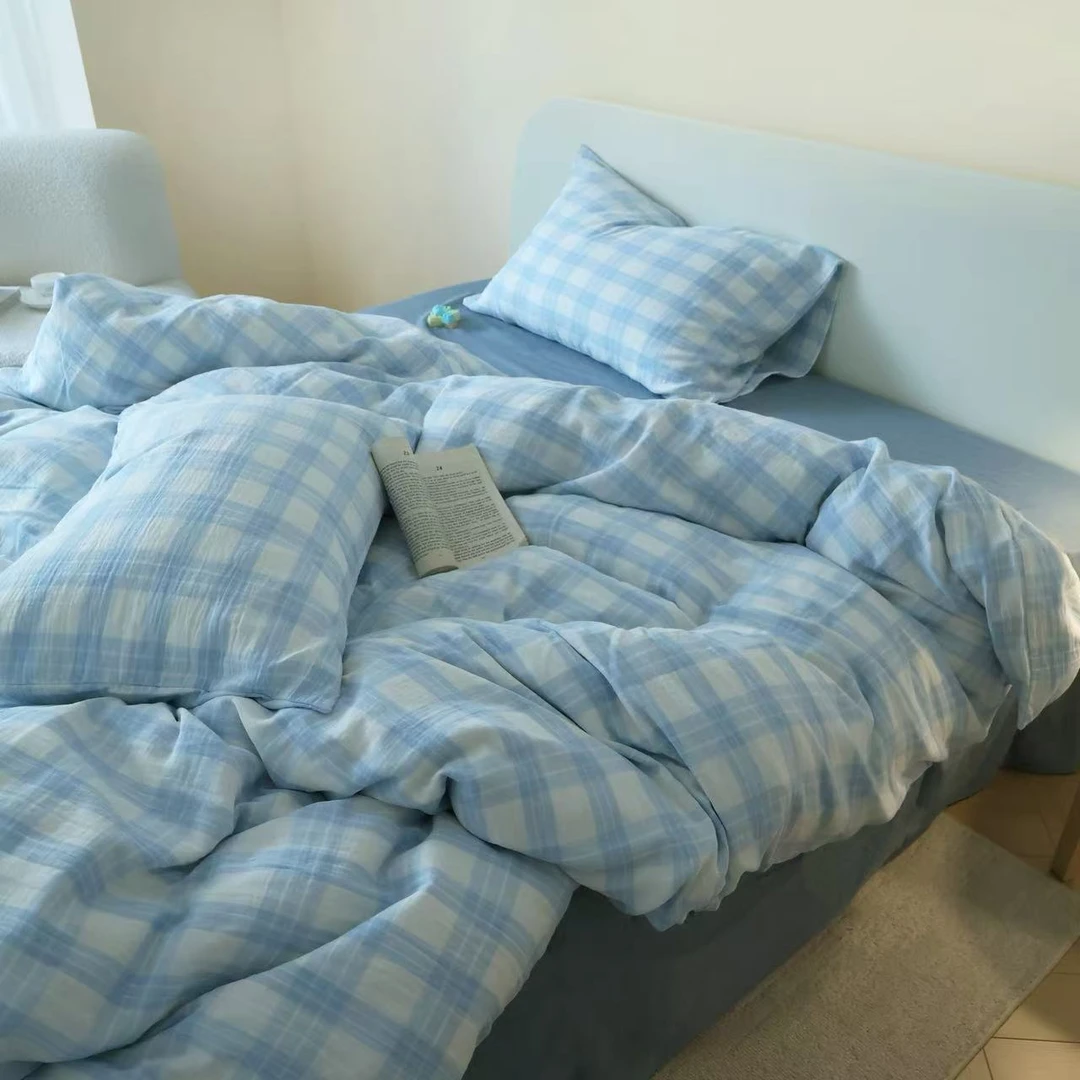 ZAKER 纯棉色织双层纱AA版 蓝格粉格柔软舒适被套枕套组合