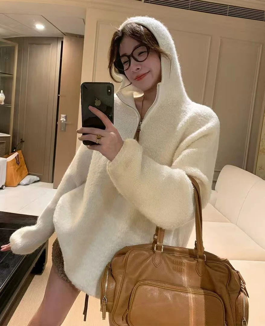 秋冬新款韩系羊羔毛连帽半拉链宽松针织毛衣外套女