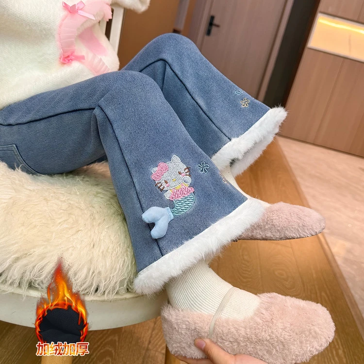 女宝宝冬季美人鱼一体绒牛仔裤2024新款小女孩加绒加厚保暖喇叭裤