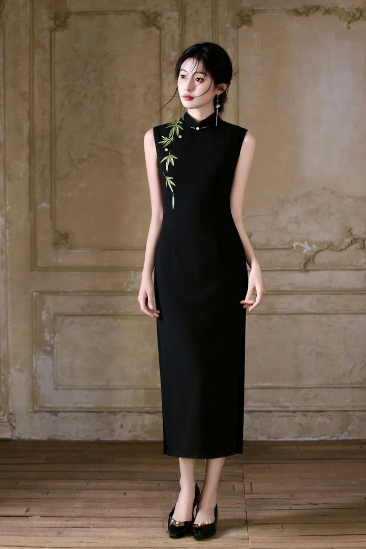 【华夫人】夏季新款 竹叶节节高 中国风改良气质修身旗袍 衣长125