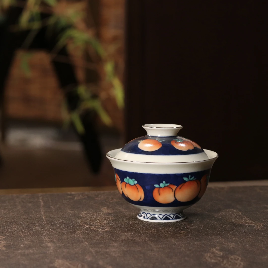 雨溪山房 景德镇手绘柿柿青蓝柿子盖碗 茶道茶具 120cc yx018
