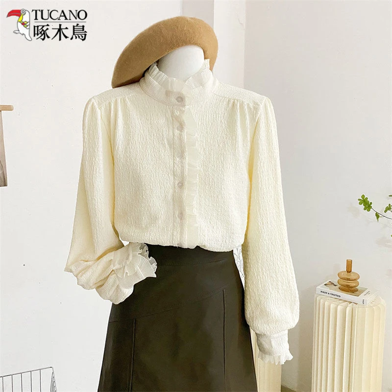 TUCANO/啄木鳥时尚木耳花边立领长袖衬衫女秋冬气质打底洋气小衫