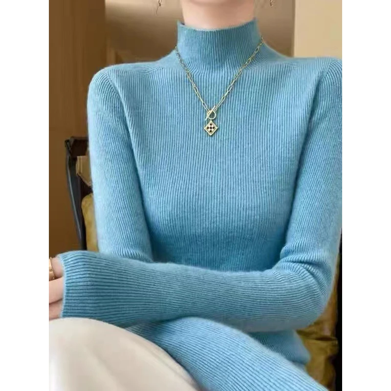 一线成衣半高领抽条修身针织衫2025秋冬新款女士保暖打底百搭毛衣