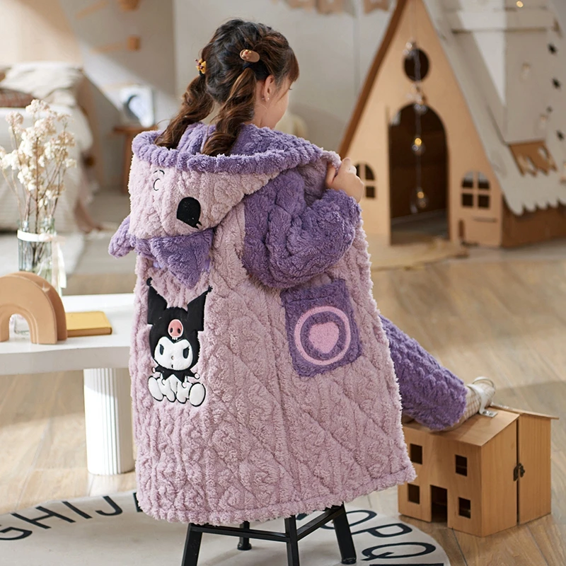 儿童冬季睡衣女童法兰绒三层夹棉加厚款女孩冬天珊瑚绒卡通家居服