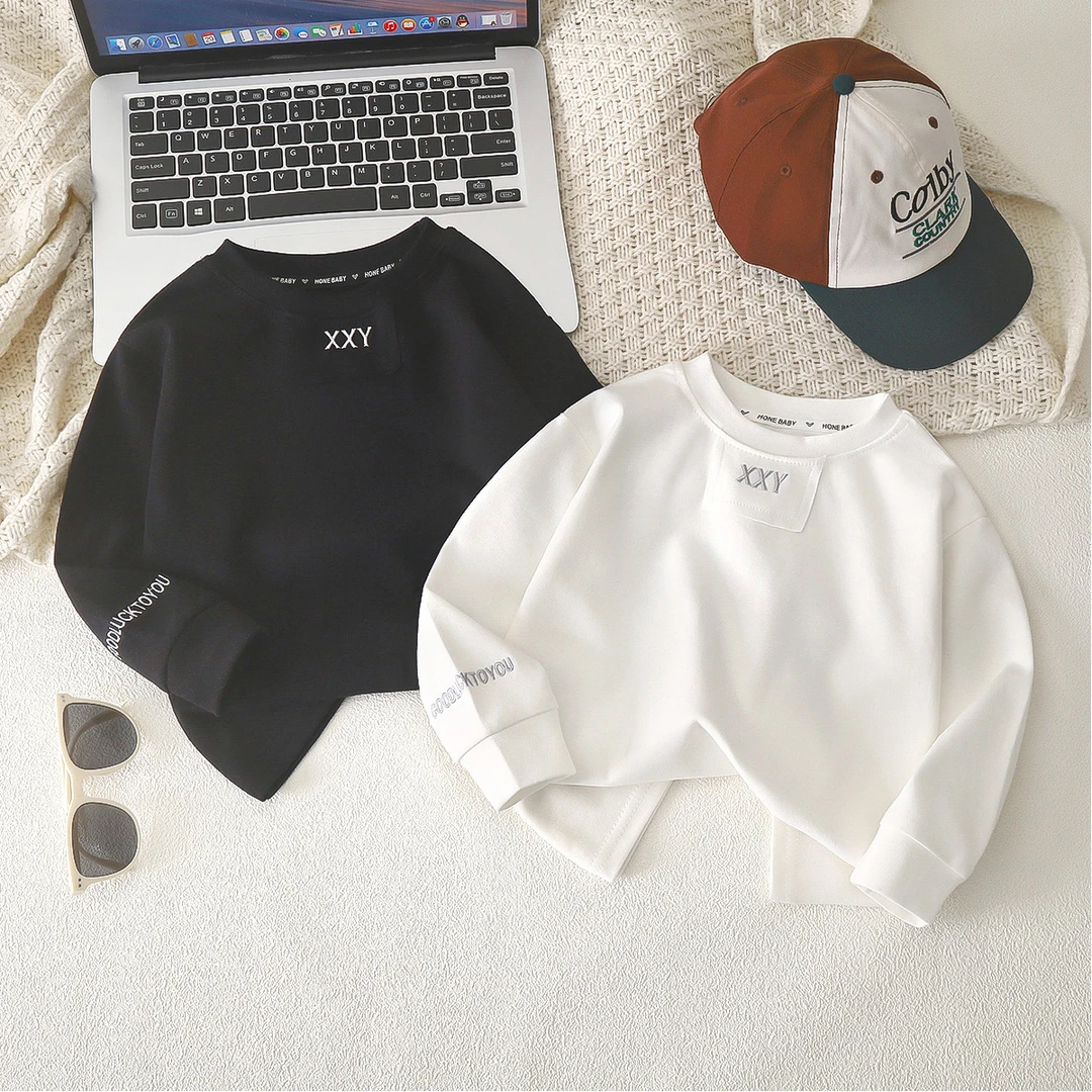 2025刺绣春秋款儿童纯棉秋衣男女童棉长袖圆领卫衣简约时尚长T恤