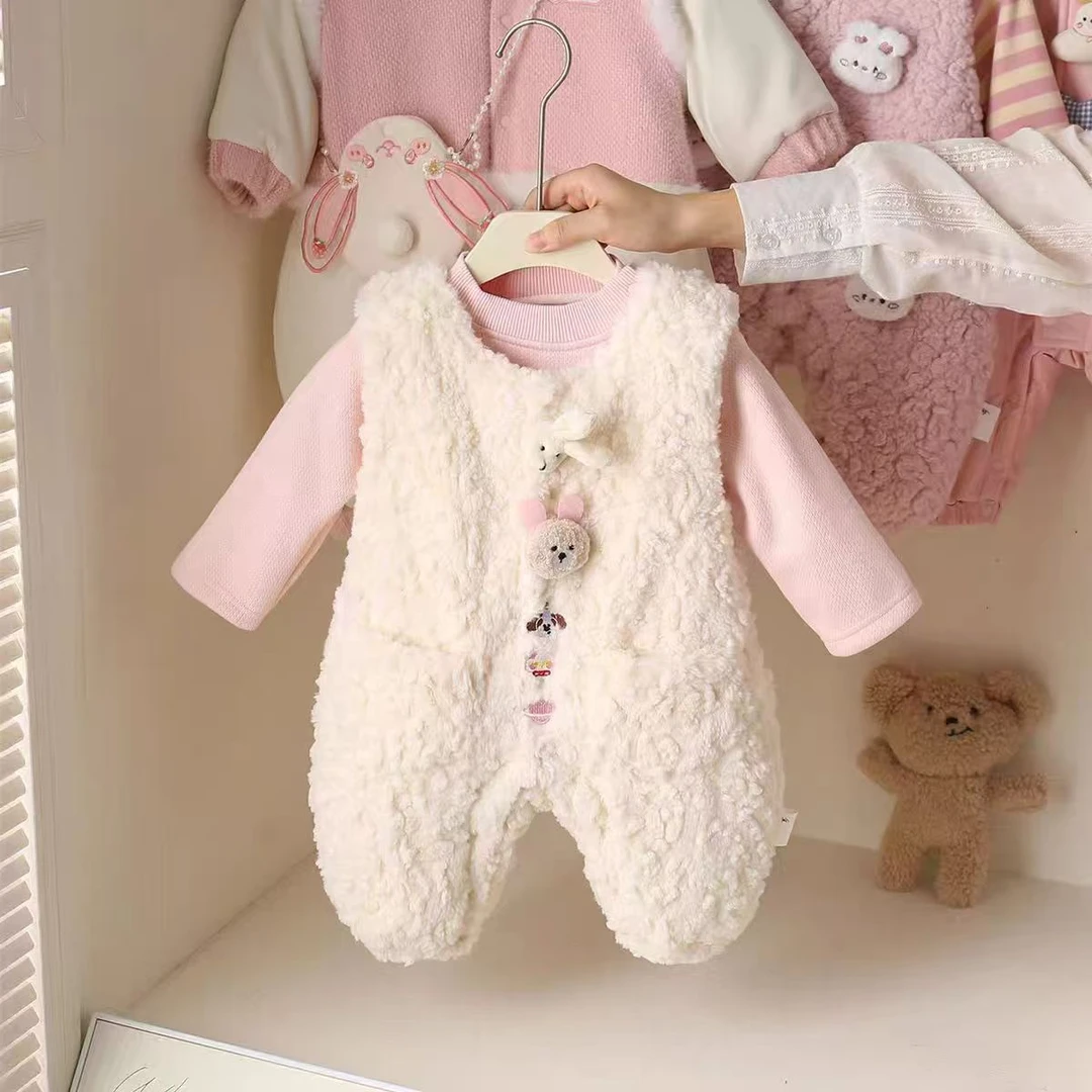 【双十一特价】婴幼儿冬季新款可爱毛绒背带棉套装时尚女宝保暖爬服
