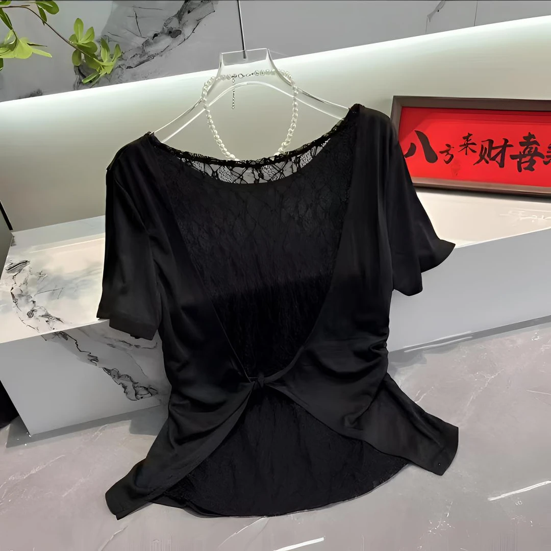 欧货软蕾丝拼接后背蝴蝶结短袖T恤女2025夏季新款修身显瘦