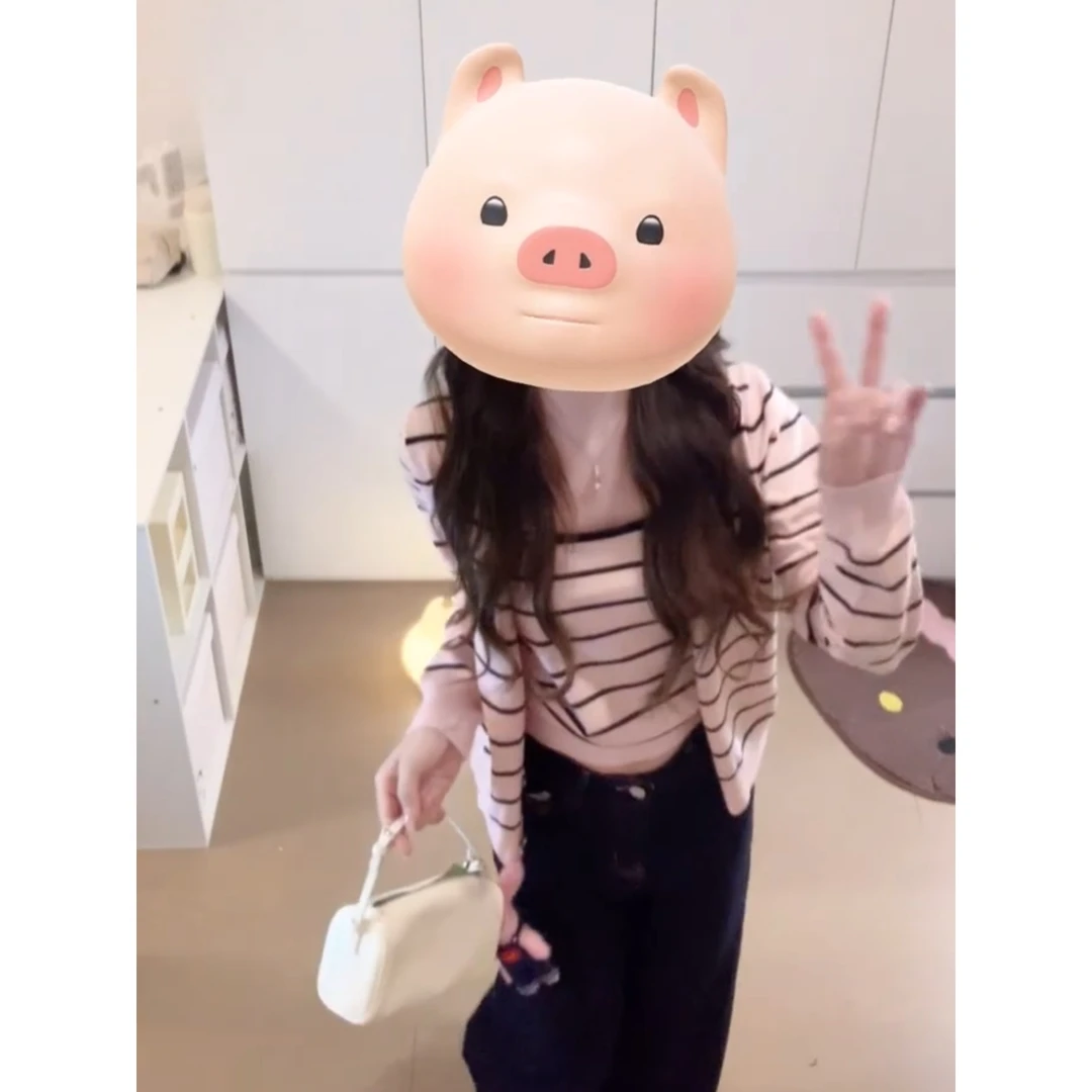 韩系温柔甜美风超好看粉色条纹吊带背心长袖针织开衫两件套女早秋