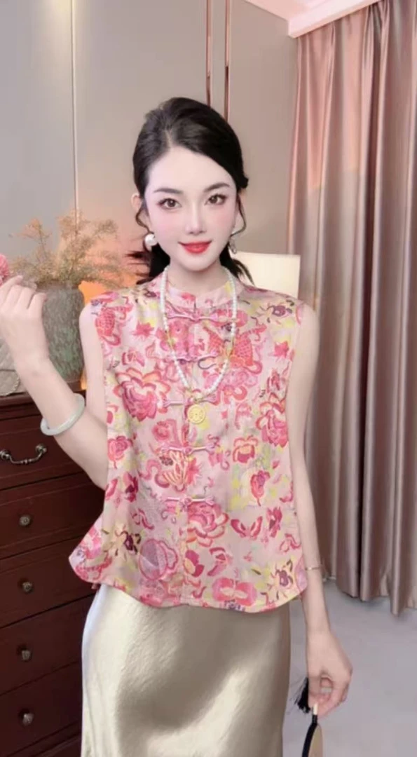 马甲百搭夏季提花圆领常规款马夹无袖印花气质时尚上衣X