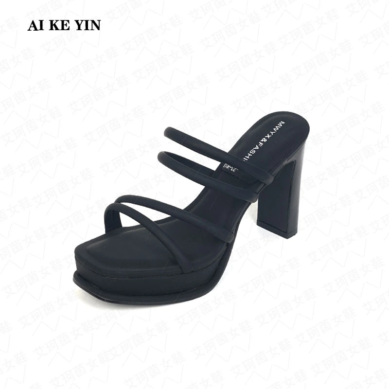【艾珂茵】春夏季新款方头厚底防水台一字带方根超高跟鞋11cm时尚